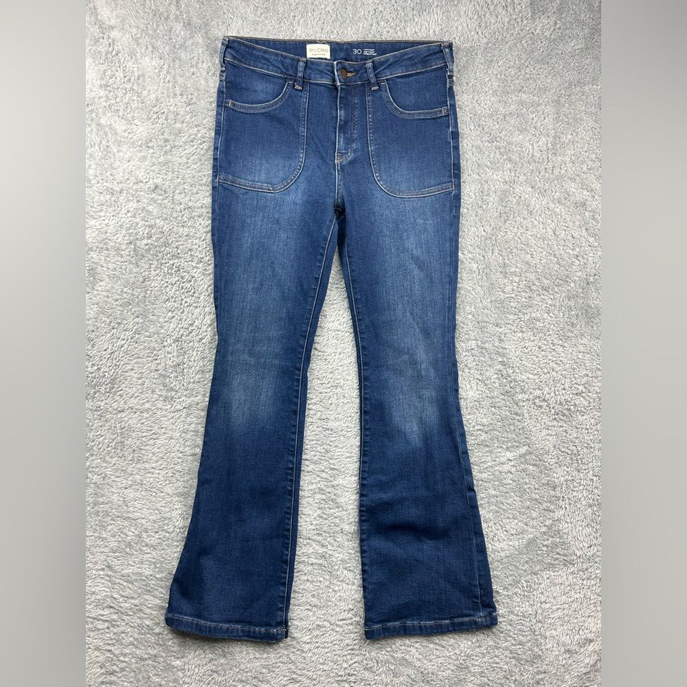 Pilcro The Icon Low Rise Flare Jeans Anthropologie Dark Wash Patch Pockets Sz 30